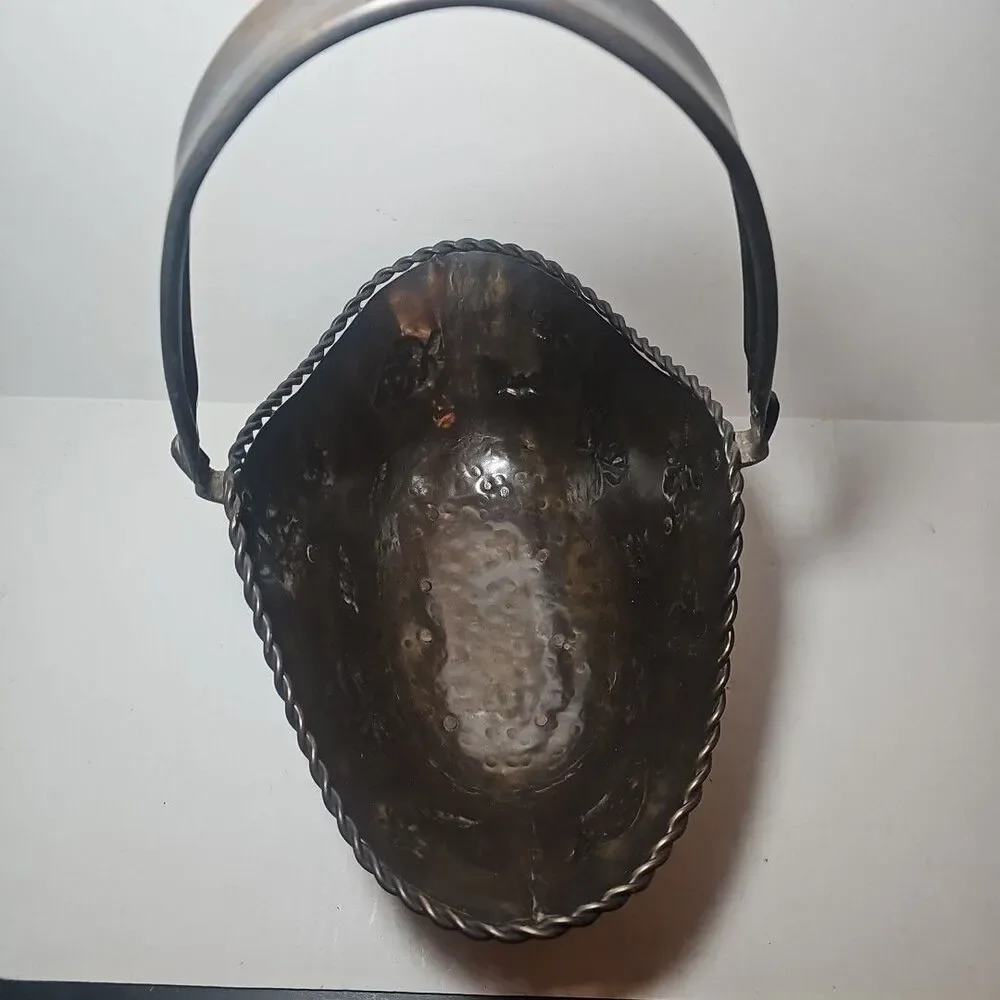 Antique Vintage Decorative Brown Metal Basket Embossed Leaves Handle